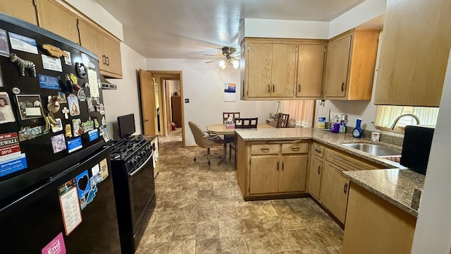 12450 S Yale Ave, Chicago, IL 60628 - kitchen featuring a peninsula, a ceiling fan, black appliances, light stone countertops, and a sink