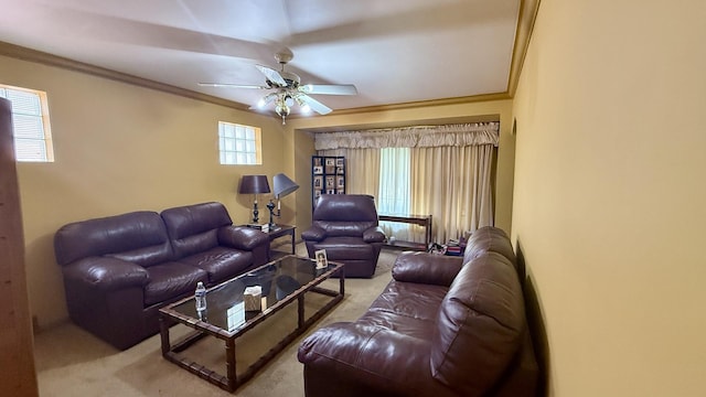 12450 S Yale Ave, Chicago, IL 60628 - living area with crown molding, a ceiling fan, and light colored carpet