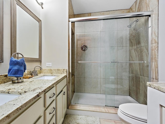 bathroom with toilet, a stall shower, and vanity