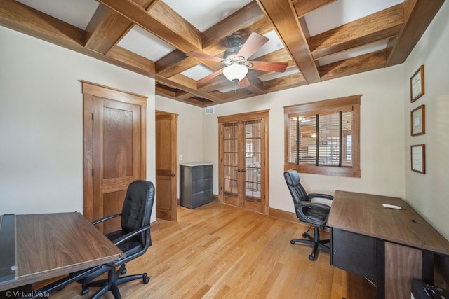 office space with light wood-style flooring, beam ceiling, a ceiling fan, and coffered ceiling