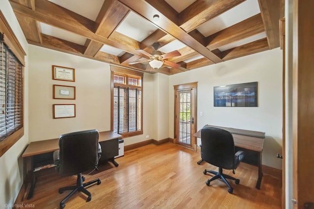 office space with baseboards, coffered ceiling, beamed ceiling, a ceiling fan, and wood finished floors