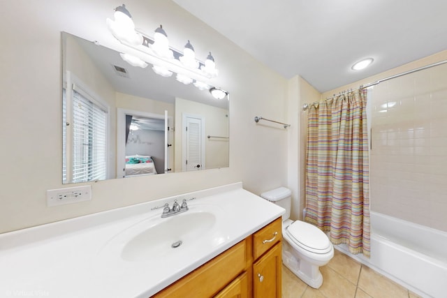 full bath featuring tile patterned flooring, visible vents, toilet, vanity, and shower / bath combo with shower curtain
