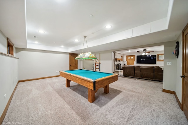 recreation room with recessed lighting, light carpet, billiards, and baseboards