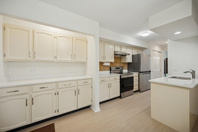 2806 Brindle Ct, Northbrook, IL 60062 - kitchen featuring appliances with stainless steel finishes, a sink, under cabinet range hood, tasteful backsplash, and light wood-style floors
