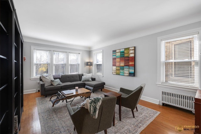 living room featuring radiator heating unit, baseboards, and wood finished floors