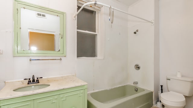 bathroom featuring toilet, tub / shower combination, vanity, and visible vents