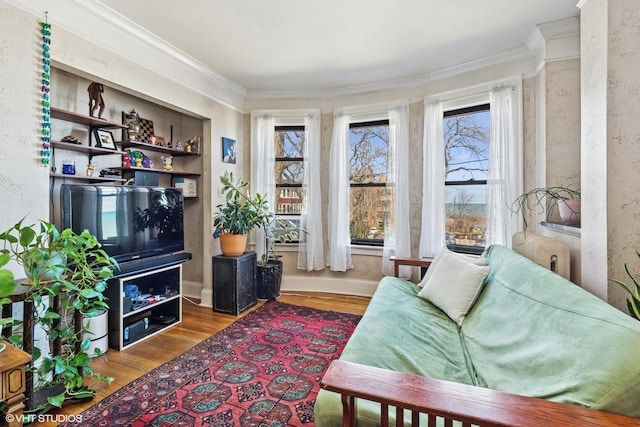 sitting room with wood finished floors and crown molding