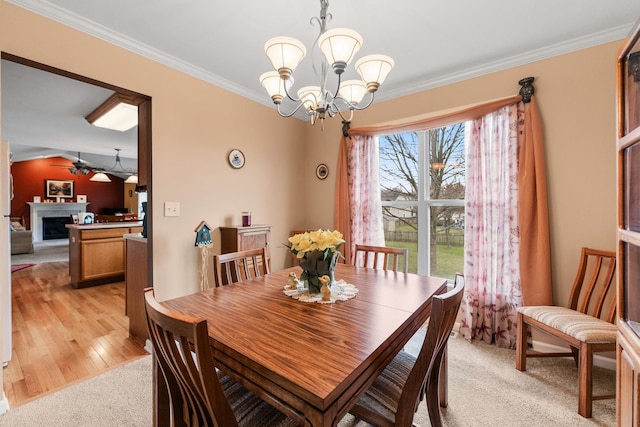 dining space featuring light carpet, light wood-type flooring, ceiling fan with notable chandelier, crown molding, and a fireplace
