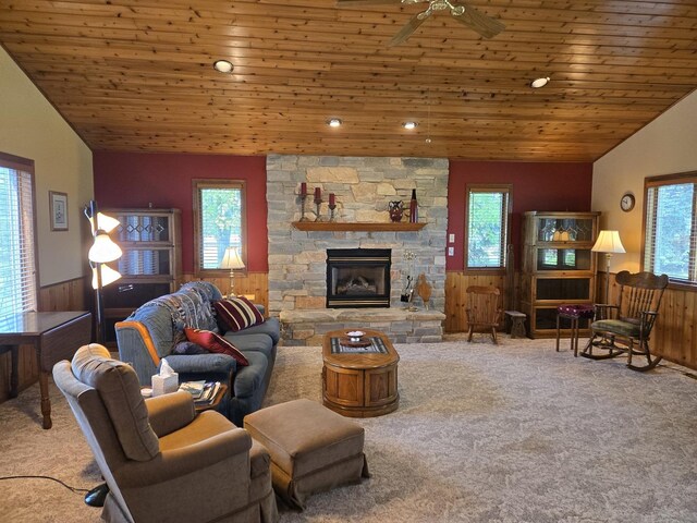 31-3 Lake Carroll Blvd, Lake Carroll, IL 61046 - living room featuring carpet floors, wainscoting, wood ceiling, ceiling fan, and a fireplace