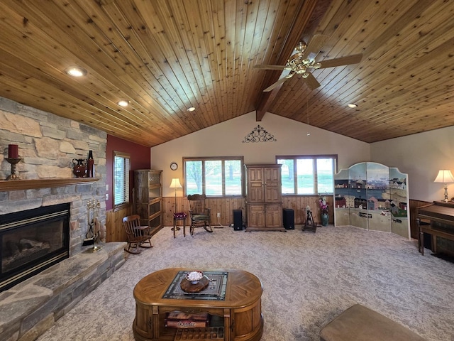 31-3 Lake Carroll Blvd, Lake Carroll, IL 61046 - living area featuring a wainscoted wall, carpet floors, a ceiling fan, a fireplace, and recessed lighting