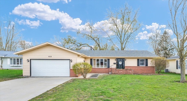 415 E 14th St, Gibson City, IL 60936 - ranch-style home featuring central AC, concrete driveway, an attached garage, a front yard, and brick siding