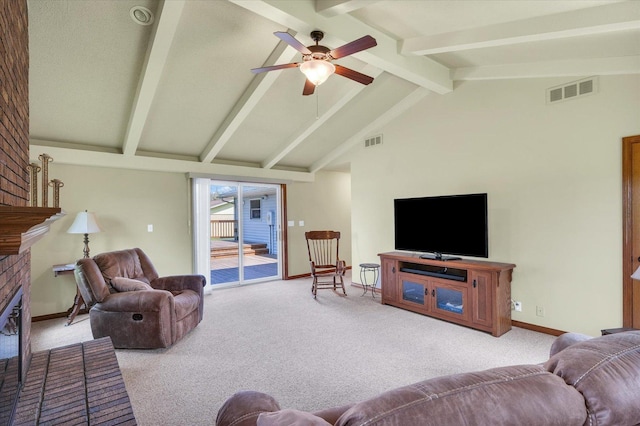 2 Woodland Dr, White Heath, IL 61884 - carpeted living room with a brick fireplace, a ceiling fan, beam ceiling, baseboards, and high vaulted ceiling