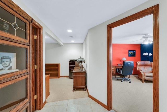 2 Woodland Dr, White Heath, IL 61884 - corridor featuring light colored carpet, an office area, recessed lighting, baseboards, and light tile patterned floors