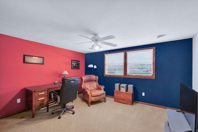 2 Woodland Dr, White Heath, IL 61884 - home office featuring carpet, a ceiling fan, and baseboards