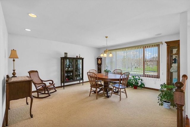 2 Woodland Dr, White Heath, IL 61884 - dining space featuring carpet floors, baseboards, a chandelier, and recessed lighting