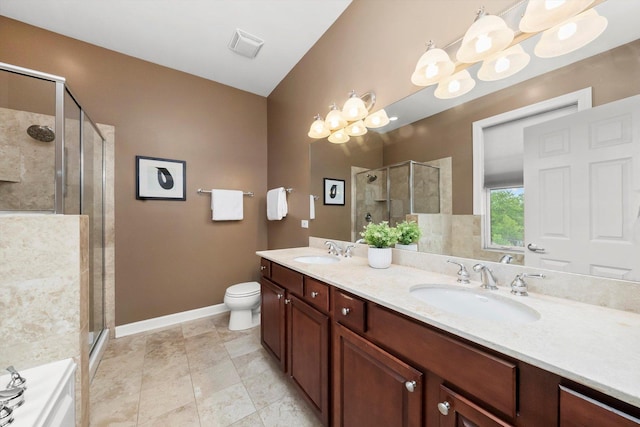 3443 N Lincoln Ave Unit 4A, Chicago, IL 60657 - full bath featuring a stall shower, double vanity, toilet, baseboards, and a tub to relax in