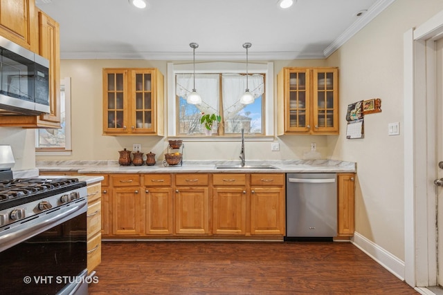 kitchen with stainless steel appliances, a sink, crown molding, and dark wood finished floors