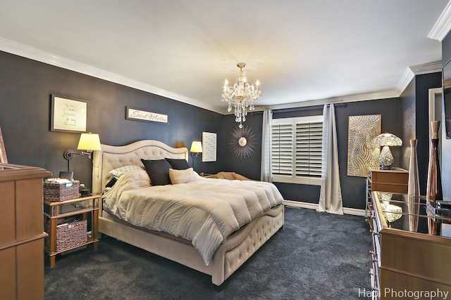 carpeted bedroom with crown molding, baseboards, and an inviting chandelier