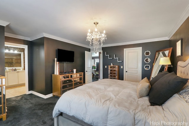 bedroom featuring baseboards, ornamental molding, carpet, a chandelier, and connected bathroom