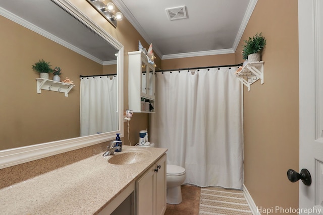 full bathroom with crown molding, vanity, tile patterned flooring, visible vents, and toilet