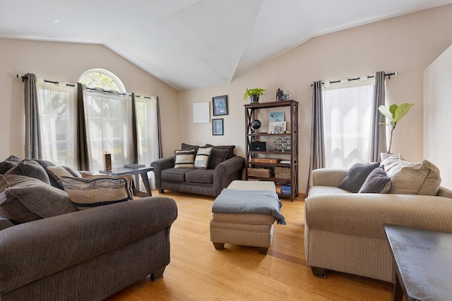 living room with light wood-type flooring and lofted ceiling