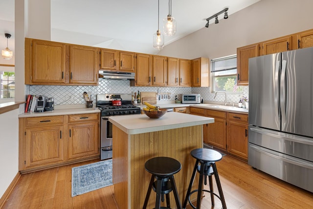 kitchen with appliances with stainless steel finishes, under cabinet range hood, light wood-style flooring, light countertops, and decorative backsplash