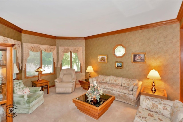 carpeted living room featuring ornamental molding