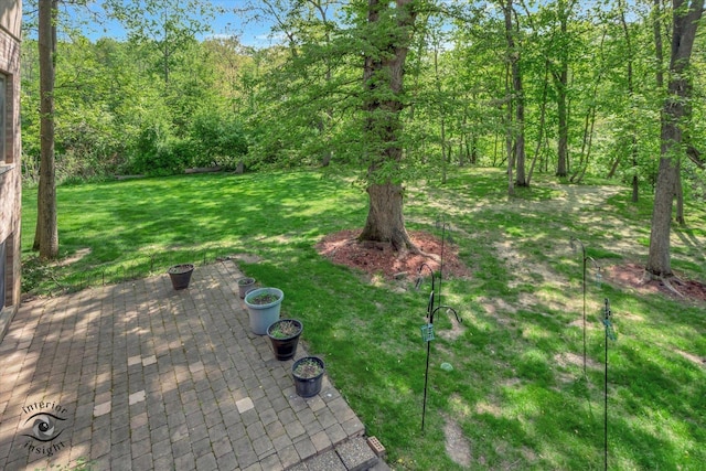view of grassy yard with a patio and a wooded view