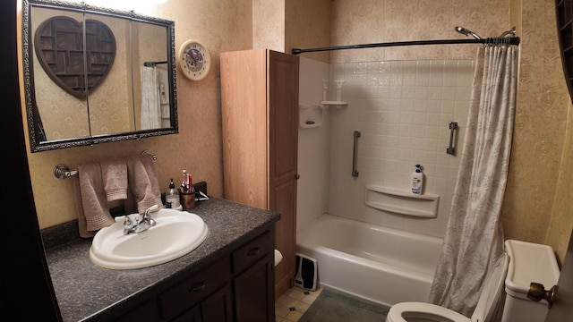 bathroom featuring vanity, tile patterned floors, toilet, and shower / bath combination with curtain