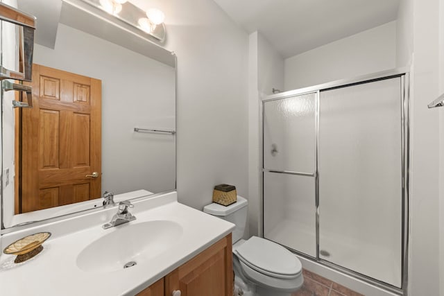 full bathroom with a stall shower, vanity, toilet, and tile patterned floors