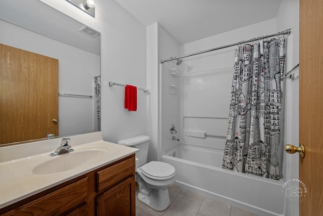 full bath featuring tile patterned flooring, shower / bath combo with shower curtain, toilet, and vanity