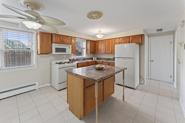 2336 Union St Unit 3, Blue Island, IL 60406 - kitchen with light tile patterned floors, a sink, dark countertops, a kitchen island, and white appliances