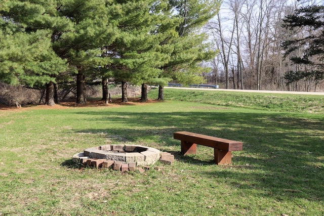 surrounding community featuring a fire pit and a lawn