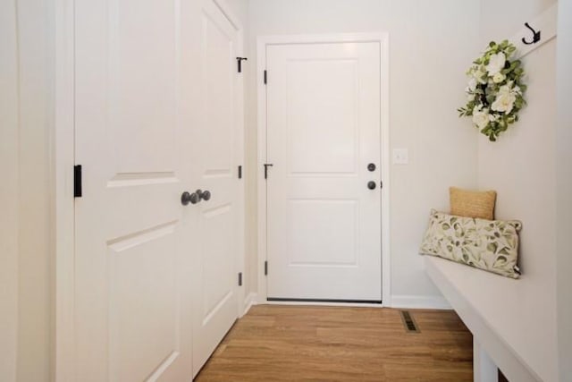 interior space with baseboards, visible vents, and light wood finished floors