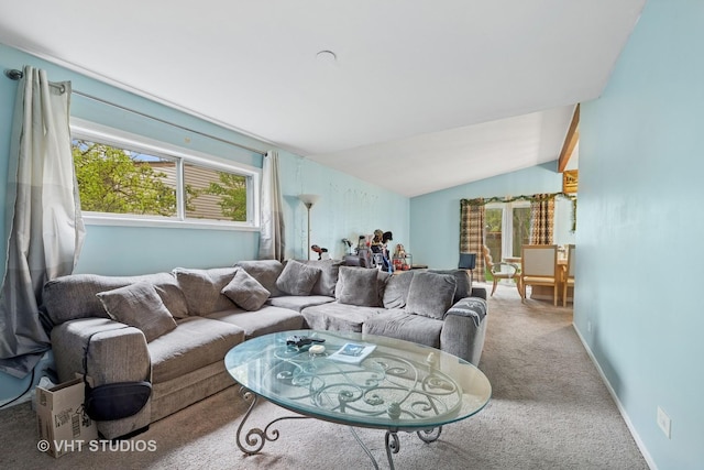 carpeted living room with baseboards, lofted ceiling, and a wealth of natural light