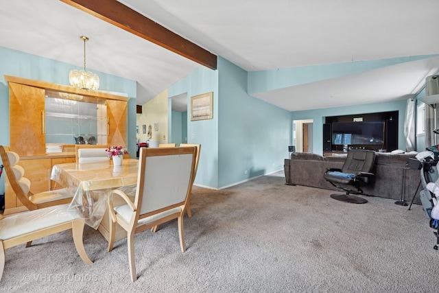 dining room featuring carpet flooring, baseboards, a chandelier, and vaulted ceiling with beams