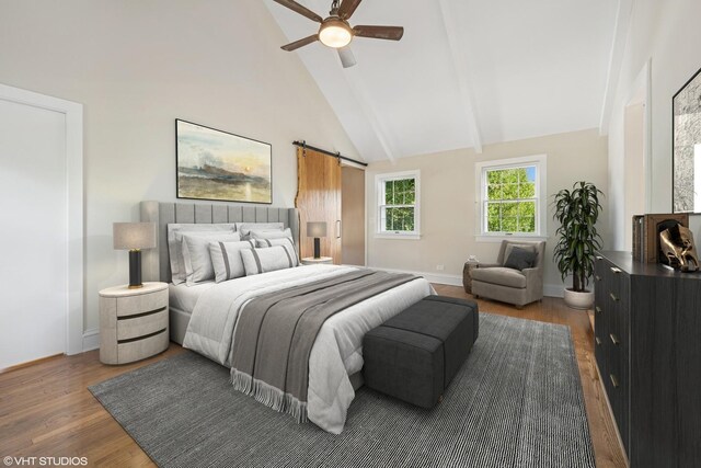 209 W Lake St, Barrington, IL 60010 - bedroom featuring a barn door, wood finished floors, beamed ceiling, baseboards, and high vaulted ceiling