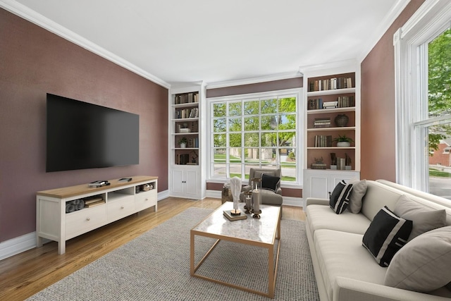 209 W Lake St, Barrington, IL 60010 - living area with ornamental molding, light wood-style flooring, built in features, and baseboards