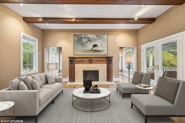 209 W Lake St, Barrington, IL 60010 - living room with wood finished floors, beam ceiling, a premium fireplace, and baseboards