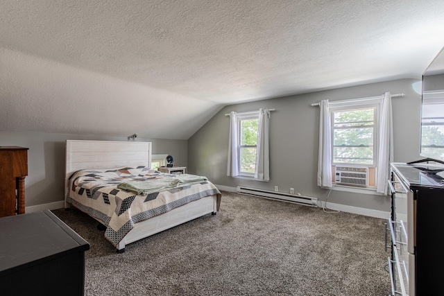 112 E Peru St, Princeton, IL 61356 - carpeted bedroom with a baseboard heating unit, lofted ceiling, a textured ceiling, and cooling unit