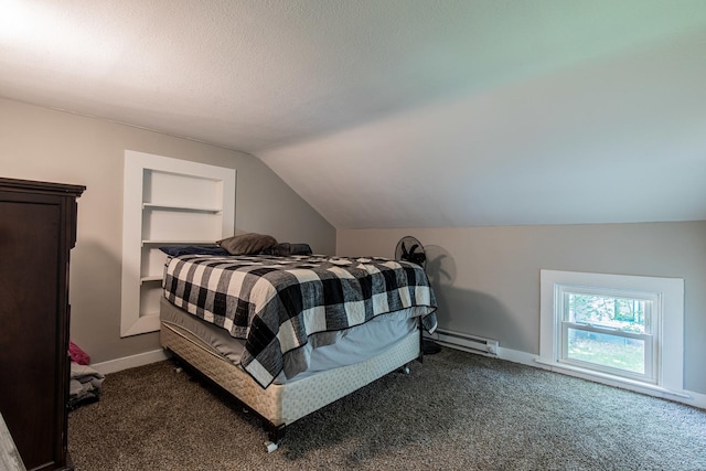 112 E Peru St, Princeton, IL 61356 - carpeted bedroom with vaulted ceiling, a baseboard radiator, and a textured ceiling
