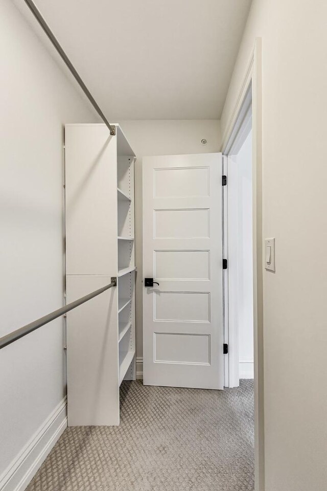 walk in closet featuring light colored carpet