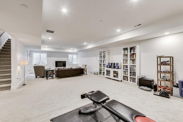 workout room with visible vents, recessed lighting, and carpet flooring