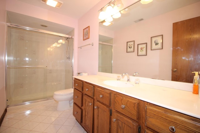 full bath with toilet, vanity, visible vents, tile patterned flooring, and a shower stall
