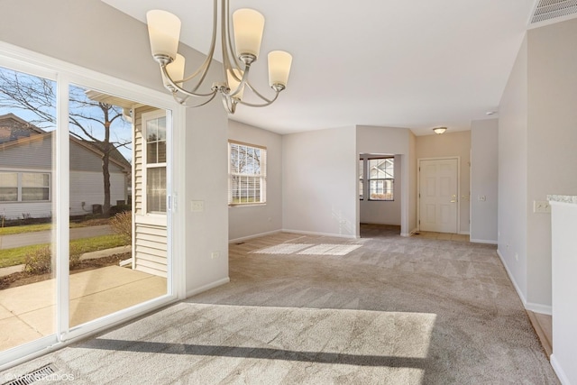 13425 Michigan Ave, Huntley, IL 60142 - spare room featuring baseboards, light colored carpet, a notable chandelier, and visible vents