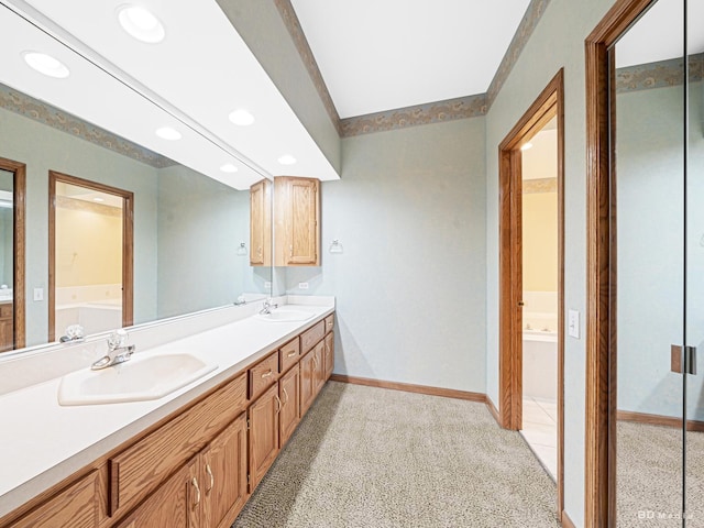 165 Fairfield Dr Unit 35B, New Lenox, IL 60451 - full bath featuring baseboards, a bath, double vanity, recessed lighting, and carpet floors