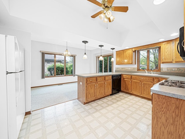 165 Fairfield Dr Unit 35B, New Lenox, IL 60451 - kitchen with freestanding refrigerator, dishwasher, a peninsula, light flooring, and baseboards