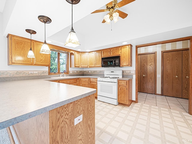 165 Fairfield Dr Unit 35B, New Lenox, IL 60451 - kitchen with white range with gas stovetop, black microwave, light countertops, ceiling fan, and a sink