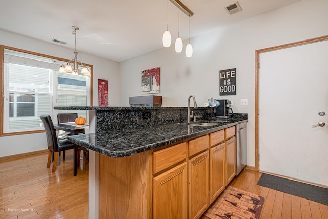 kitchen featuring a peninsula, visible vents, a sink, and light wood finished floors