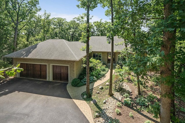 view of front of property with roof with shingles, an attached garage, and aphalt driveway